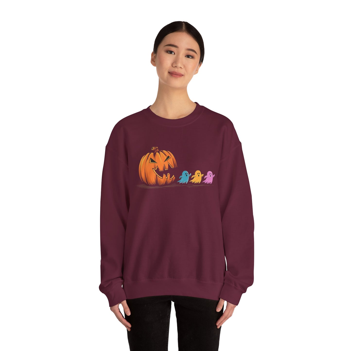 Halloween Ghost & Pumpkin Crewneck Sweatshirt, Unisex Fall Apparel, Cozy Sweatshirt, Halloween Gift, Seasonal Fashion