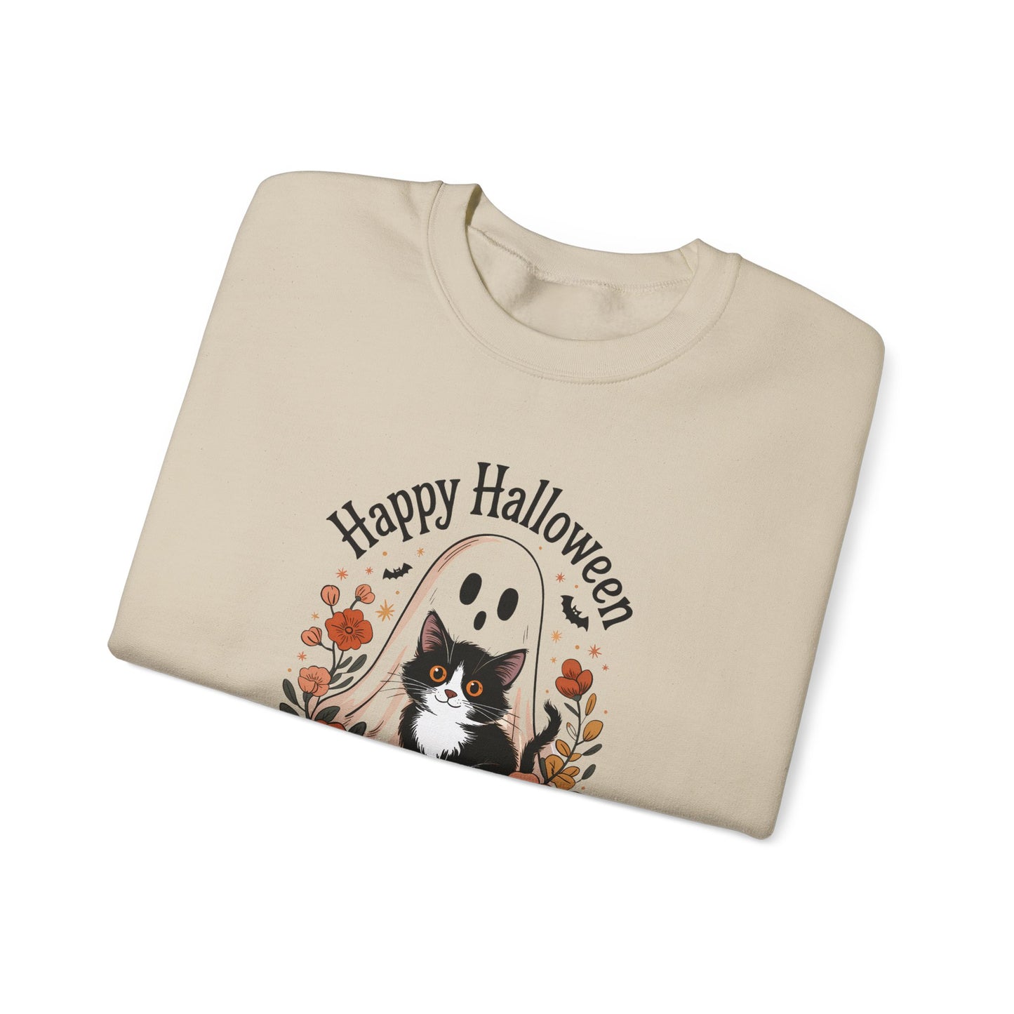 Happy Halloween Cat Crewneck Sweatshirt, Cozy Fall Sweatshirt, Halloween Gift, Fall Fashion, Gift for Her, Spooky Season Apparel
