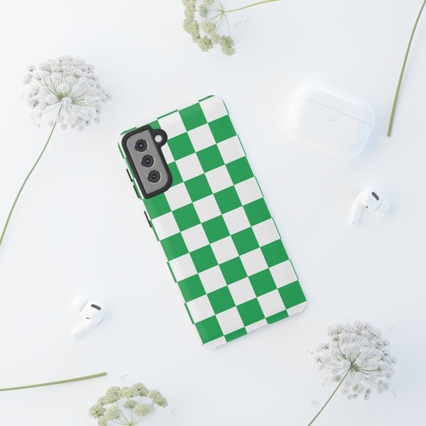 Green Checkered Phone Case, Phone Cases Samsung Galaxy S25, S25 Plus, S24, S24 Plus, S24 Ultra, S23, S22, S22 Plus, S21 Ultra, S21 FE, S20+