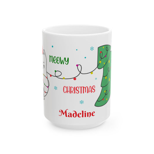 Personalized Meowy Christmas Ceramic Mug, Holiday Coffee Cup, Cute Cat Design, Festive Drinkware, Christmas Day Gift, Gift for Her