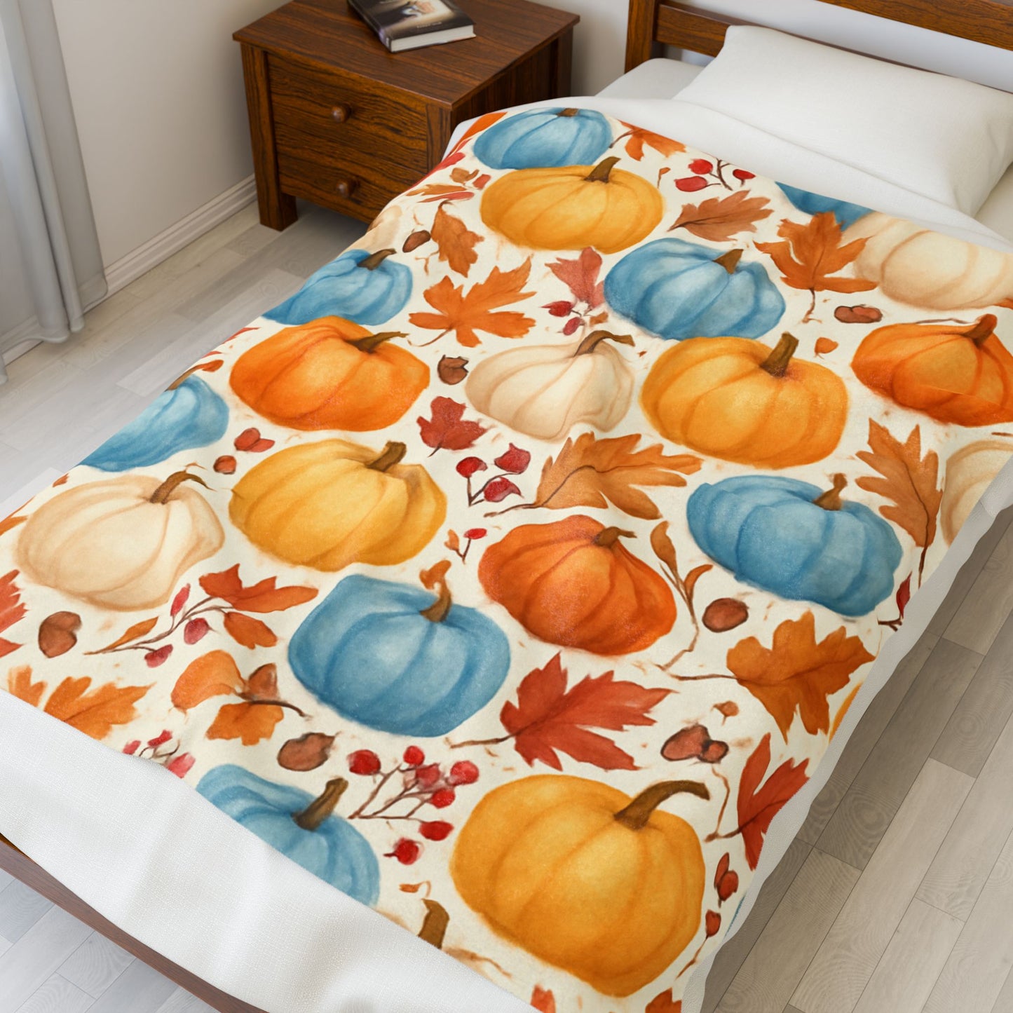 Fall Pumpkins Blanket, Autumn Orange White Blue Pumpkins Leaves and Berries Fleece Blanket for Living Room Couch Bed Chair