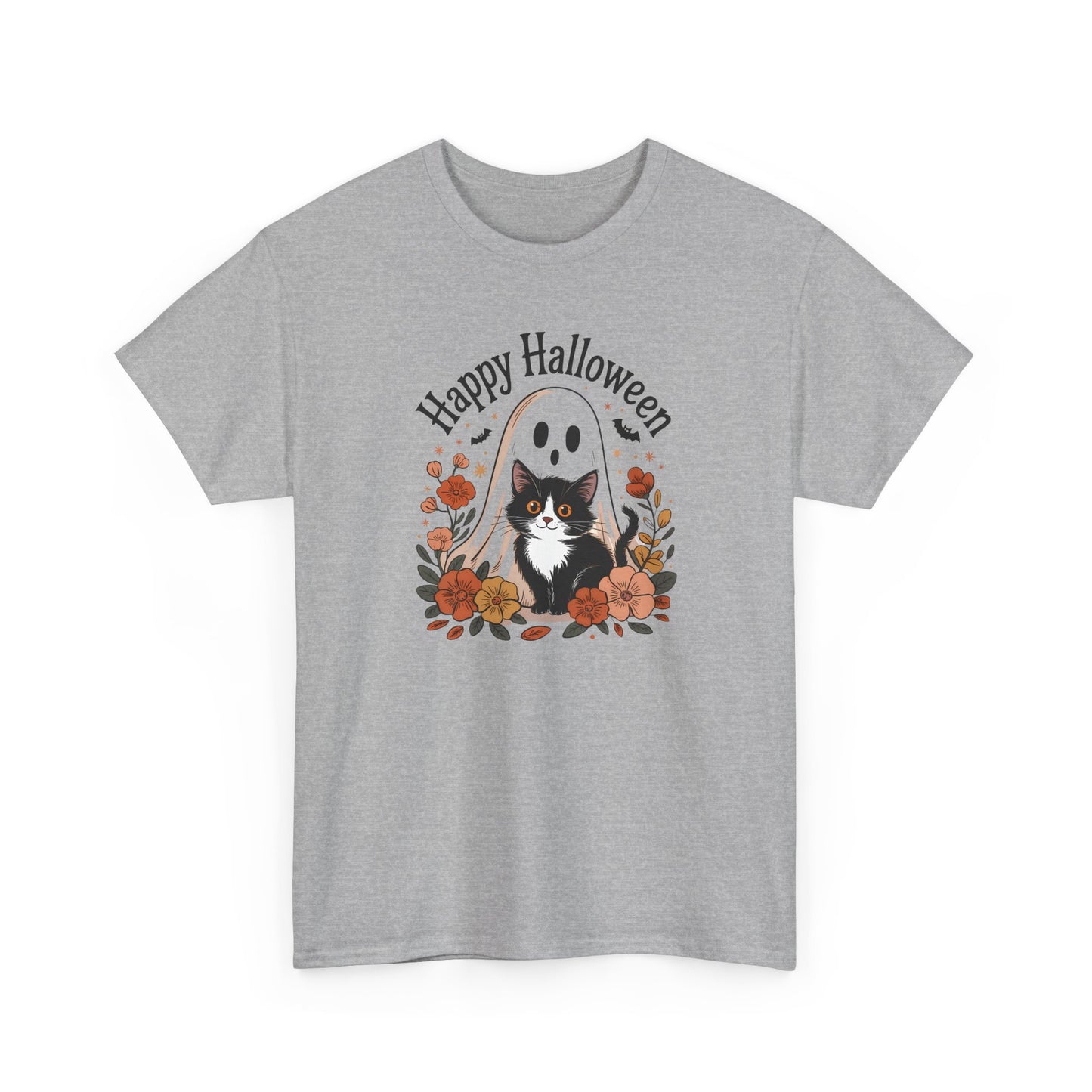 Halloween Cat & Ghost Tee, Heavy Cotton Shirt, Spooky Season Apparel, Autumn Gift, Fall Festival Outfit, Haunted House Wear