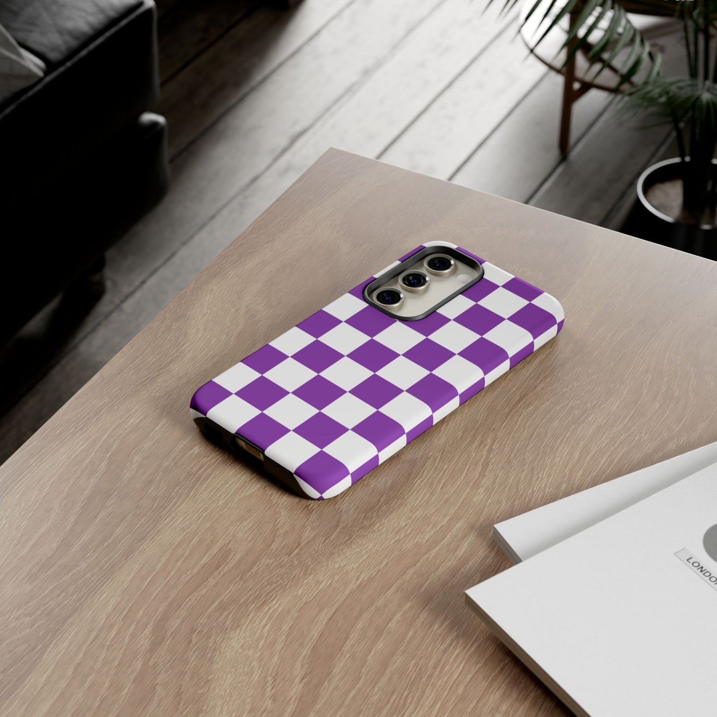 Purple Checkered Phone Case, Samsung Galaxy S25, S25 Plus, S24, S24 Plus, S24 Ultra, S23, S22, S22 Plus, S21 Ultra, S21 FE, S20+
