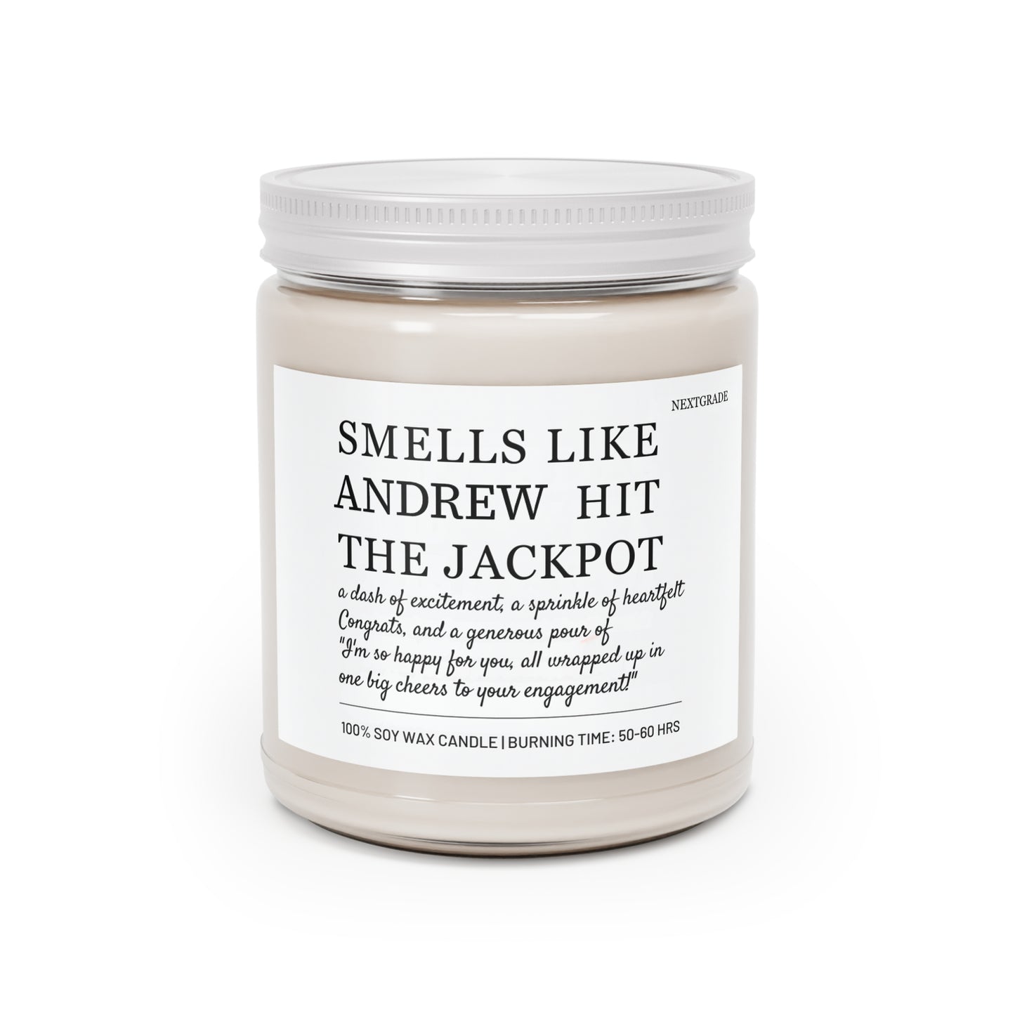 Personalized Scented Soy Candle, Smells Like Andrew Hit the Jackpot, Unique Gift for Engagements, Home Fragrance, Housewarming Present