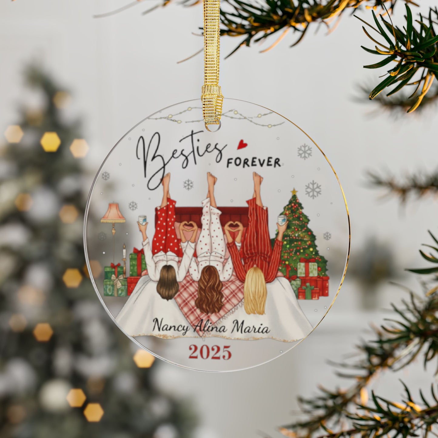 Besties Forever Girls Christmas Ornament, Personalized 2025 Acrylic Ornament, Custom Best Friends Gift, Holiday Pajama Party Decor