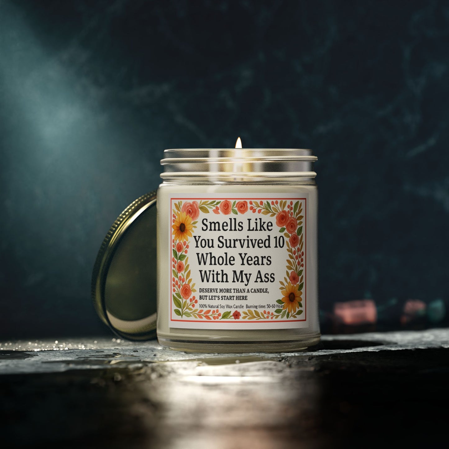 Scented Candles, Funny Gift For Partner, Smells Like You Survived 10 Whole Years, Coconut Apricot Wax Candle, Anniversary Gift, Birthday