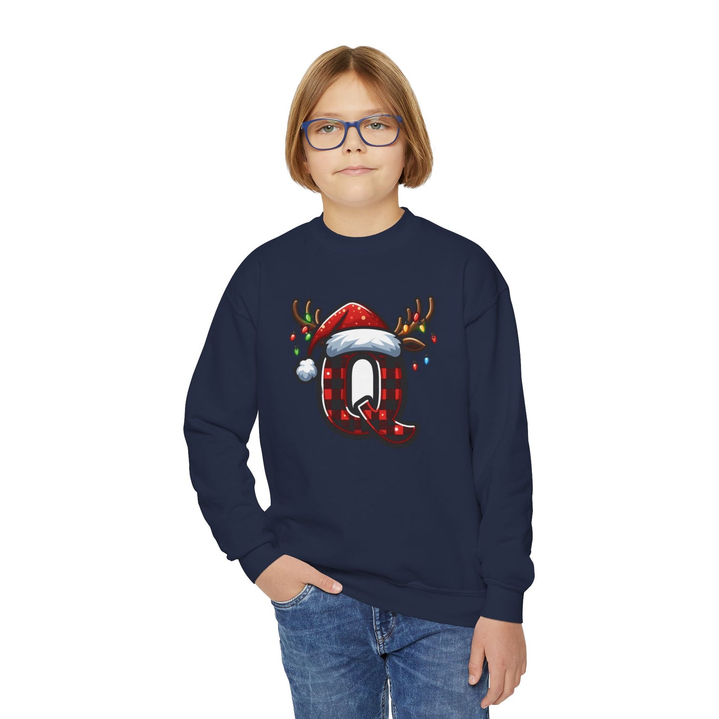 Festive Youth Crewneck Sweatshirt with Christmas Reindeer and Santa Hat, Holiday Gift for Kids, Winter Wear, Cozy Sweater, Christmas Apparel