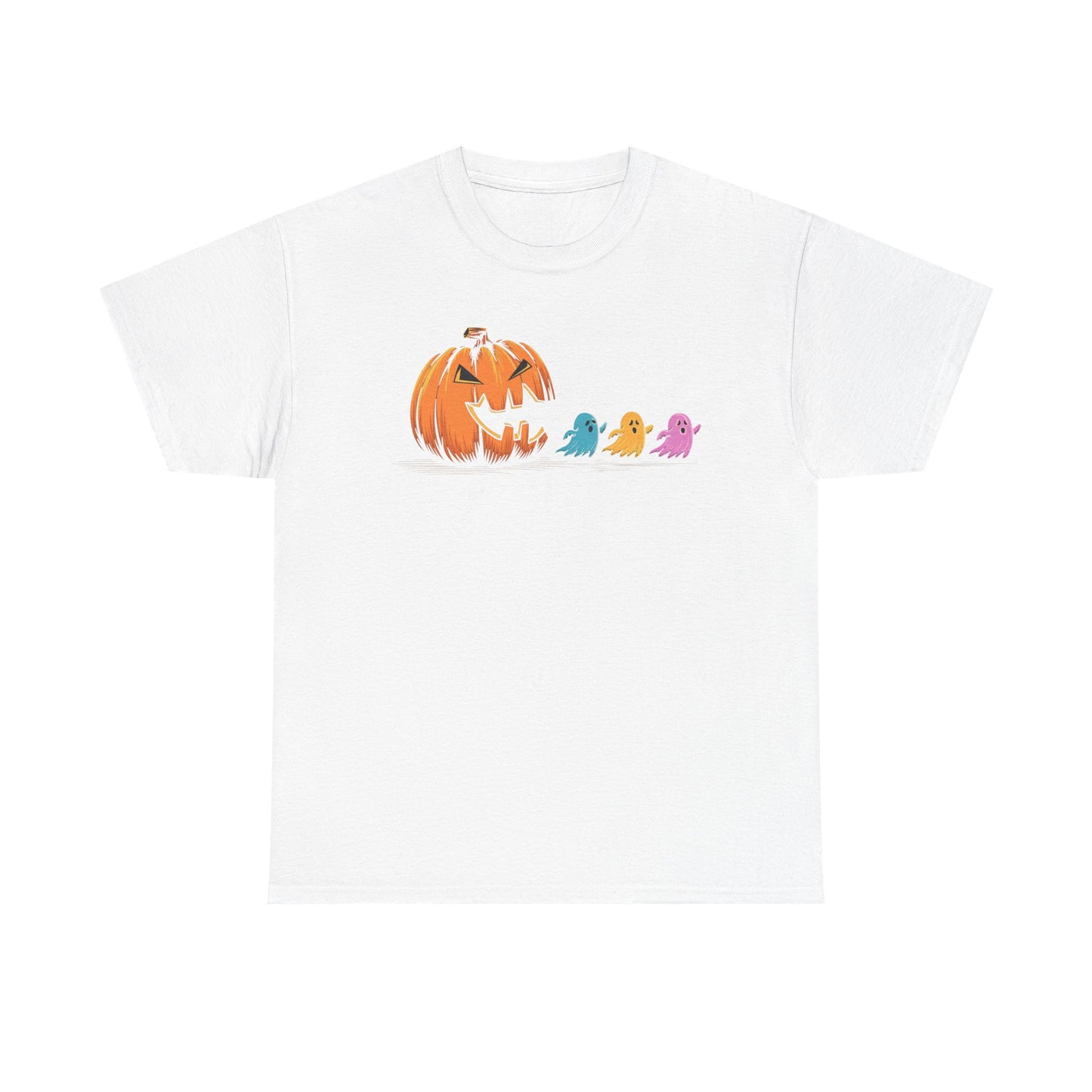 Halloween Pumpkin & Ghosts Unisex Heavy Cotton Tee, Cute Fall Shirt, Spooky Spirit Wear, Halloween Costume Top, Autumn Vibes Tee