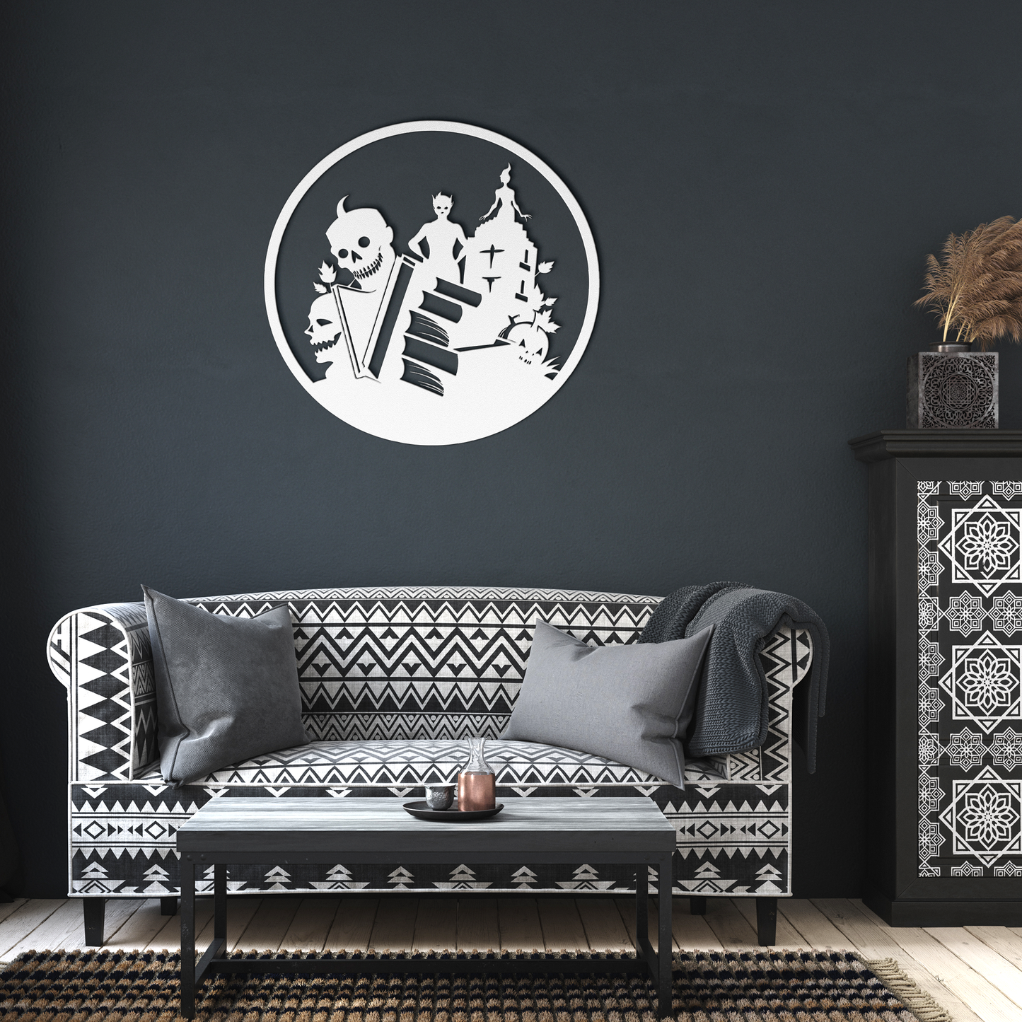 Books_Halloween_Metal_Wall_art_White_Dark_Living_Room_Mockup.png