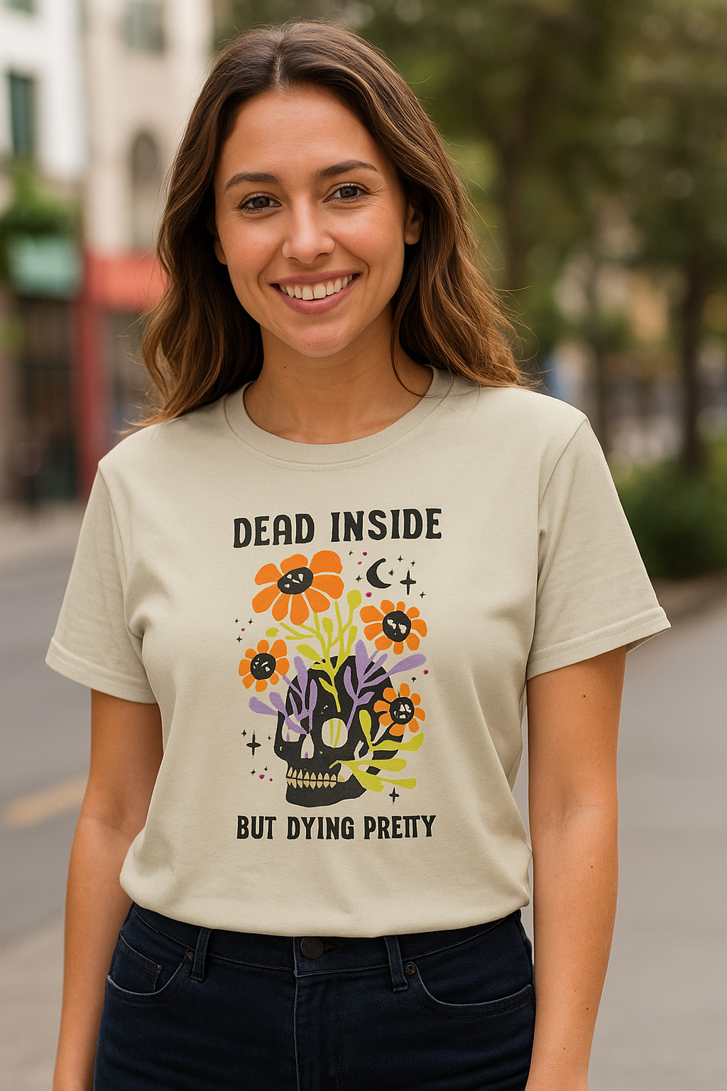 Skull Graphic Tee, Quirky Heavy Cotton T-Shirt, Dead Inside but Dying Pretty, Unisex Casual Wear, 90s Aesthetic, Gift for Friends