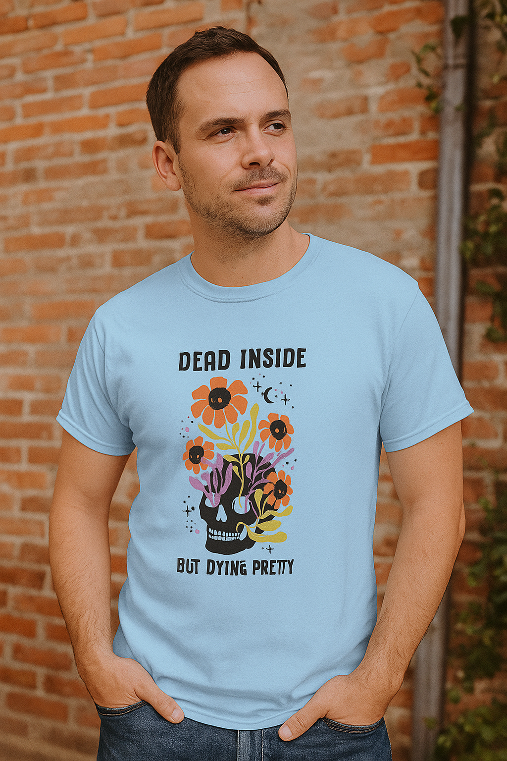 Skull Graphic Tee, Quirky Heavy Cotton T-Shirt, Dead Inside but Dying Pretty, Unisex Casual Wear, 90s Aesthetic, Gift for Friends