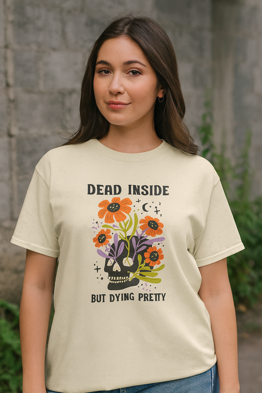 Skull Graphic Tee, Quirky Heavy Cotton T-Shirt, Dead Inside but Dying Pretty, Unisex Casual Wear, 90s Aesthetic, Gift for Friends