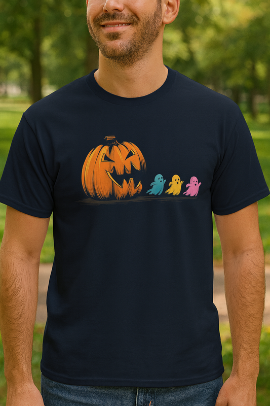 Halloween Pumpkin & Ghosts Unisex Heavy Cotton Tee, Cute Fall Shirt, Spooky Spirit Wear, Halloween Costume Top, Autumn Vibes Tee