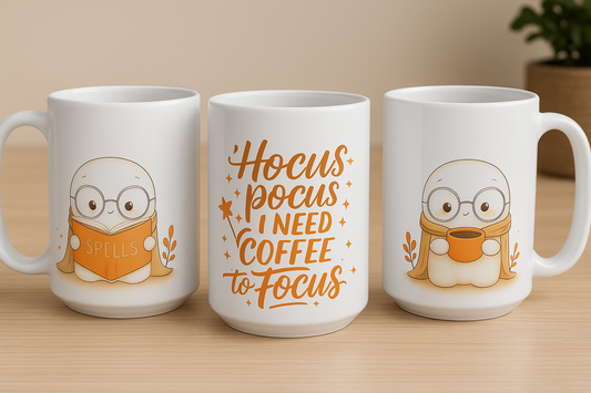 Whimsical Coffee Mug Hocus Pocus, Need Coffee to Focus, Perfect for Fall, Halloween, Gift for Witch Lover, Cozy Vibes, Office Decor