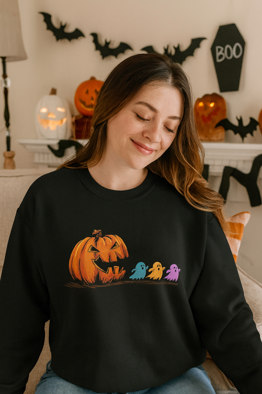 Halloween Ghost & Pumpkin Crewneck Sweatshirt, Unisex Fall Apparel, Cozy Sweatshirt, Halloween Gift, Seasonal Fashion