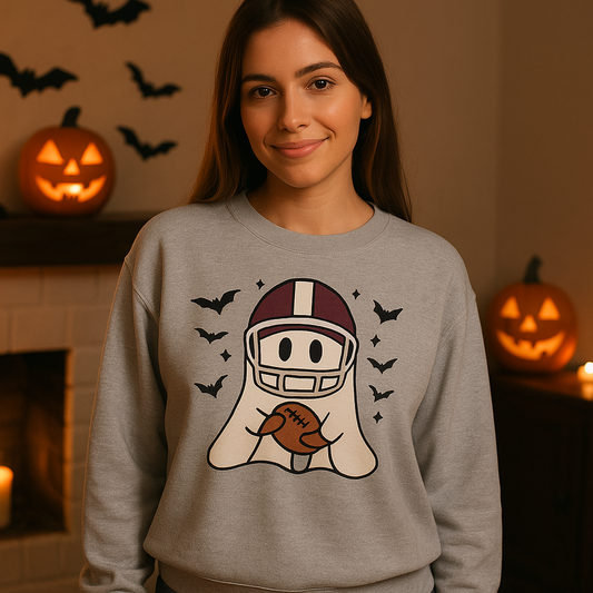 Halloween Ghost Football Sweatshirt, Cozy Crewneck, Unisex Sweatshirt, Fall Apparel, Spooky Season Fashion, Ghost Design