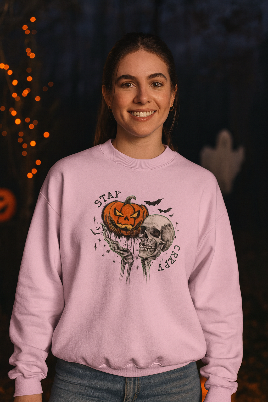 Stay Creepy Crewneck Sweatshirt, Halloween Sweater, Cozy Fall Apparel, Spooky Gift, Pumpkin Skull Design, Halloween Celebration
