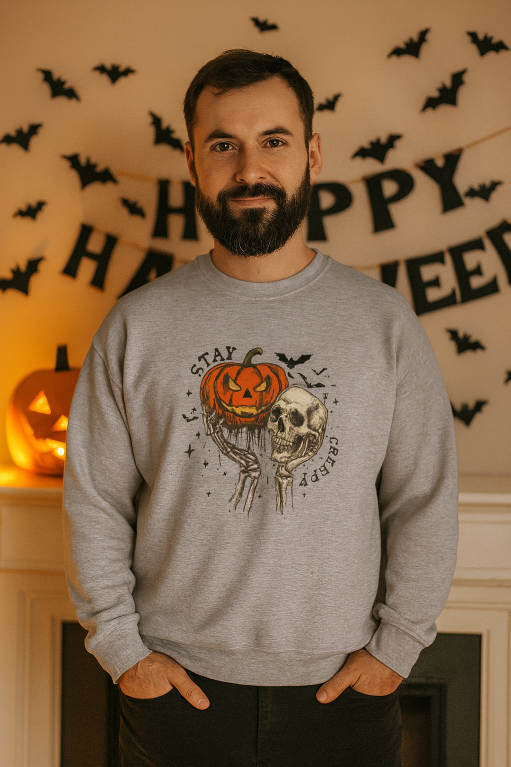 Stay Creepy Crewneck Sweatshirt, Halloween Sweater, Cozy Fall Apparel, Spooky Gift, Pumpkin Skull Design, Halloween Celebration