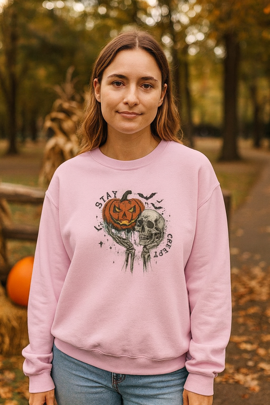 Stay Creepy Crewneck Sweatshirt, Halloween Sweater, Cozy Fall Apparel, Spooky Gift, Pumpkin Skull Design, Halloween Celebration