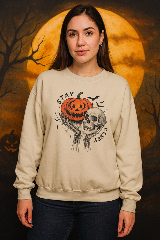 Stay Creepy Crewneck Sweatshirt, Halloween Sweater, Cozy Fall Apparel, Spooky Gift, Pumpkin Skull Design, Halloween Celebration