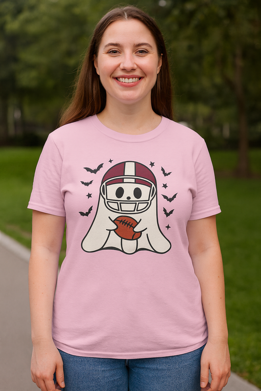 Halloween Ghost Football Tee, Unisex Heavy Cotton T-Shirt, Fun Halloween Apparel, Spooky Game Day Shirt, October Celebration Wear