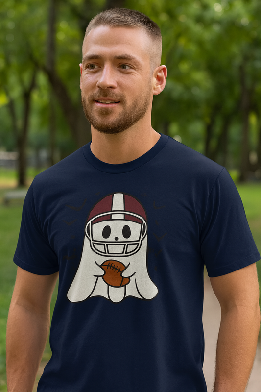 Halloween Ghost Football Tee, Unisex Heavy Cotton T-Shirt, Fun Halloween Apparel, Spooky Game Day Shirt, October Celebration Wear