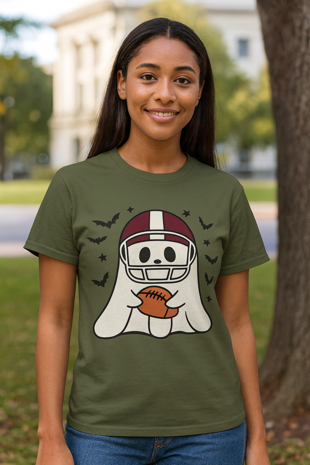 Halloween Ghost Football Tee, Unisex Heavy Cotton T-Shirt, Fun Halloween Apparel, Spooky Game Day Shirt, October Celebration Wear
