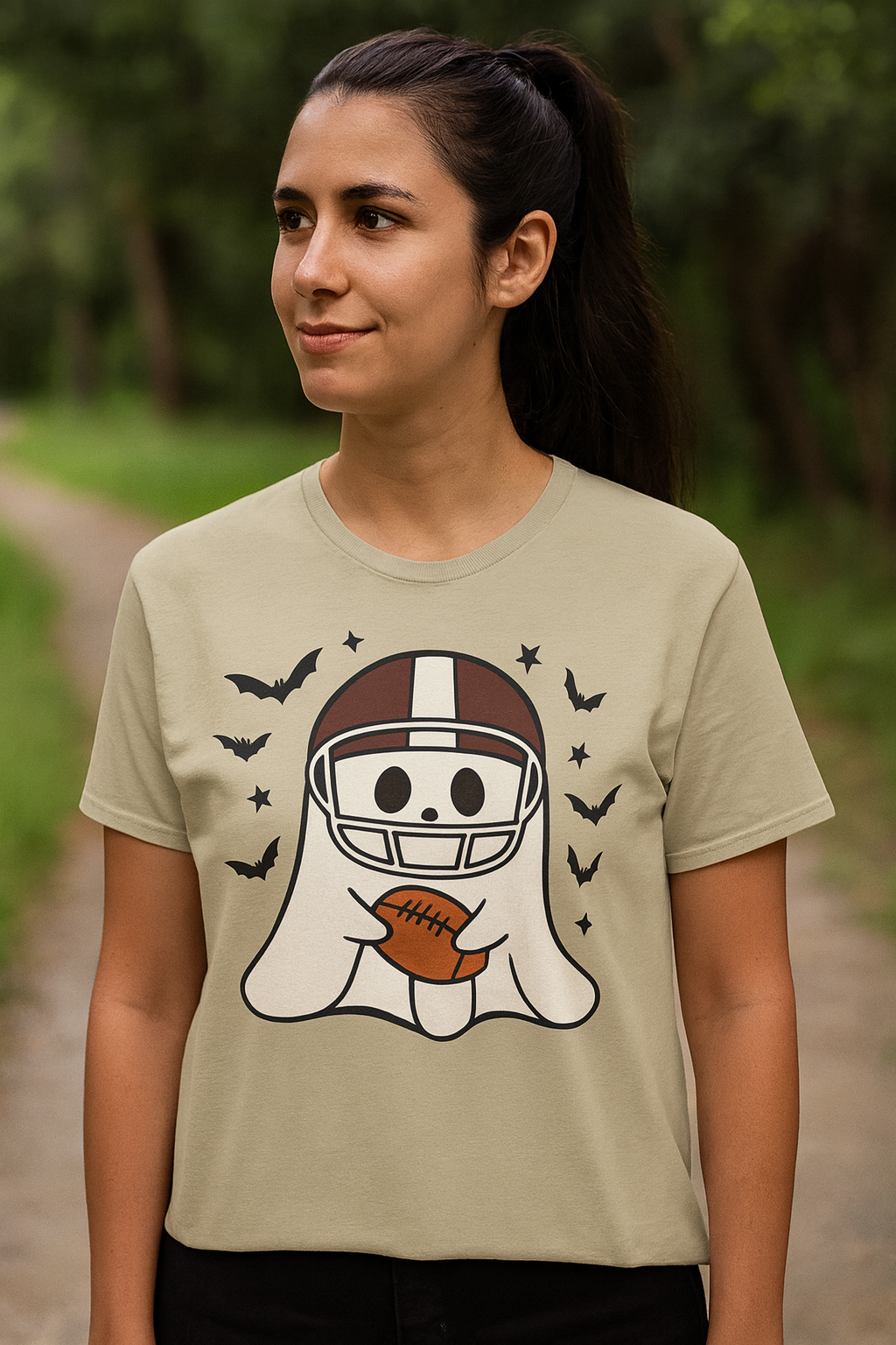 Halloween Ghost Football Tee, Unisex Heavy Cotton T-Shirt, Fun Halloween Apparel, Spooky Game Day Shirt, October Celebration Wear