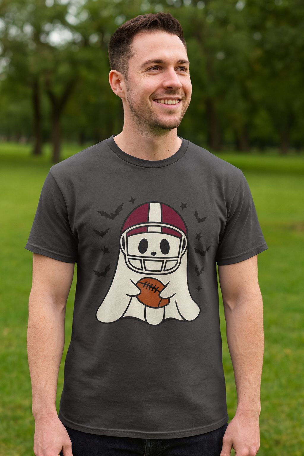 Halloween Ghost Football Tee, Unisex Heavy Cotton T-Shirt, Fun Halloween Apparel, Spooky Game Day Shirt, October Celebration Wear