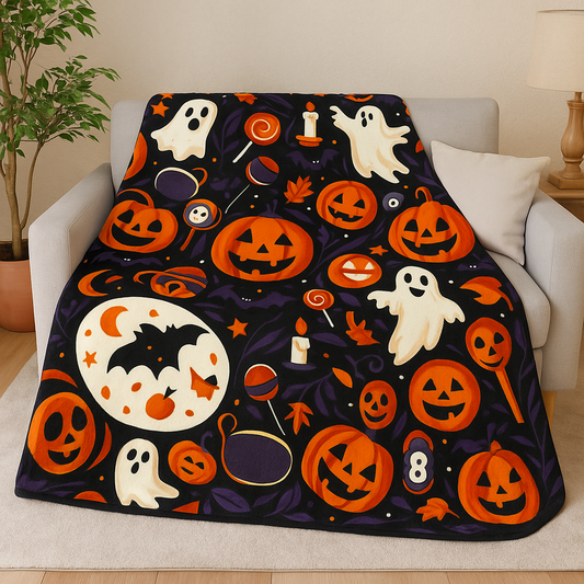 Halloween Fleece Sherpa Blanket, Cozy Fall Decor, Spooky Season Gift, Witchy Throw, Pumpkin Blanket, Ghostly Home Accessory