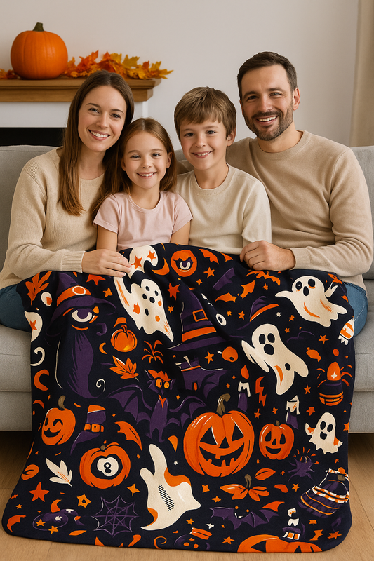 Halloween Fleece Sherpa Blanket, Cozy Fall Decor, Spooky Season Gift, Witchy Throw, Pumpkin Blanket, Ghostly Home Accessory