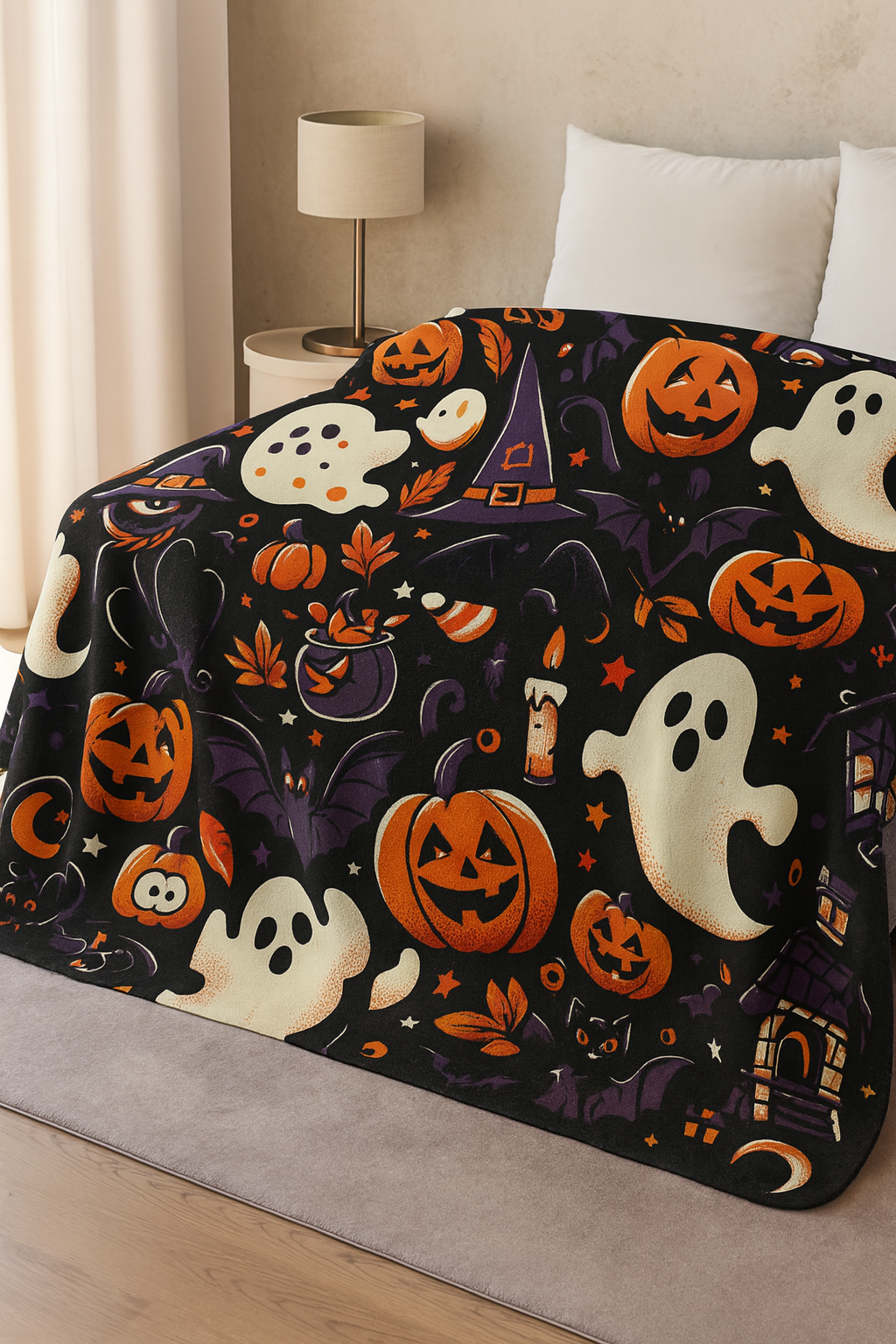 Halloween Fleece Sherpa Blanket, Cozy Fall Decor, Spooky Season Gift, Witchy Throw, Pumpkin Blanket, Ghostly Home Accessory