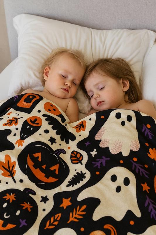 Spooky Season Fleece Sherpa Blanket, Cozy Halloween Decor, Ghosts & Pumpkins Throw Blanket, Autumn Gift, Trick or Treat Sherpa Blanket
