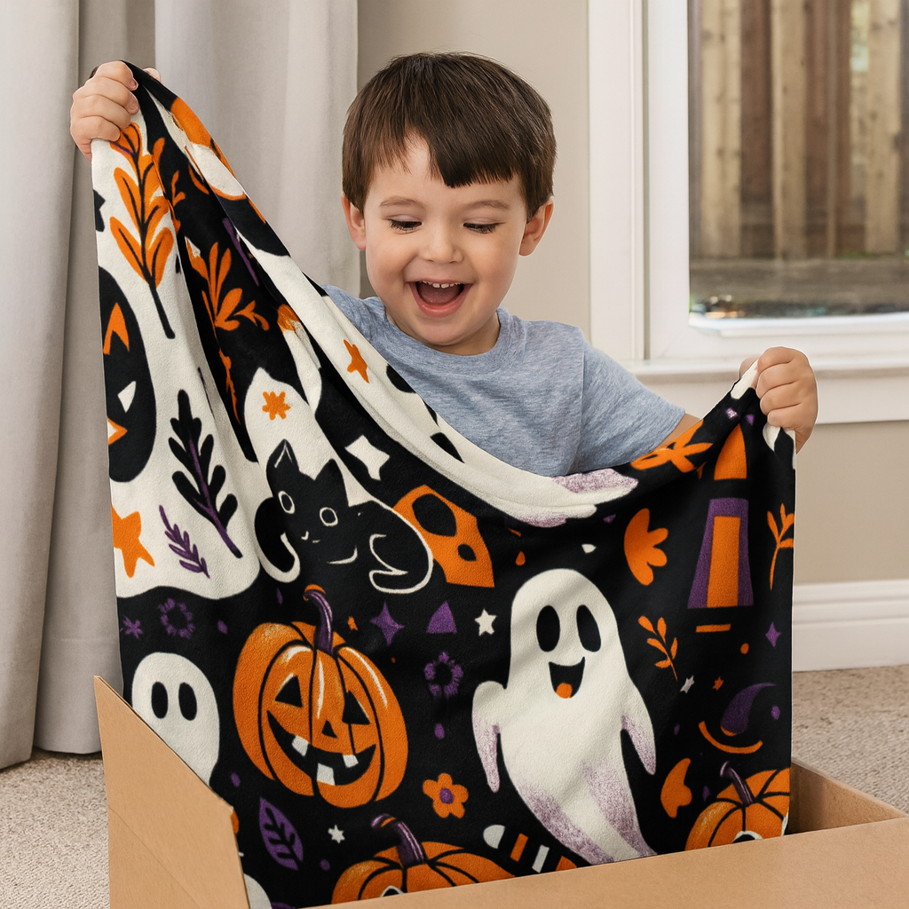 Spooky Season Fleece Sherpa Blanket, Cozy Halloween Decor, Ghosts & Pumpkins Throw Blanket, Autumn Gift, Trick or Treat Sherpa Blanket