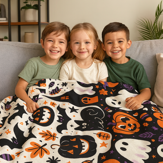 Spooky Season Fleece Sherpa Blanket, Cozy Halloween Decor, Ghosts & Pumpkins Throw Blanket, Autumn Gift, Trick or Treat Sherpa Blanket