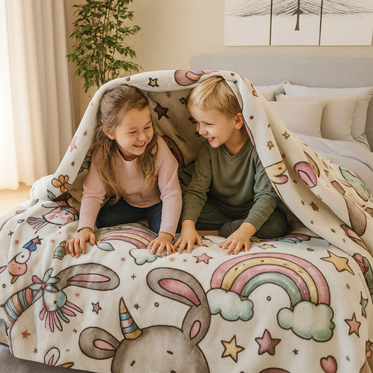 Whimsical Fleece Sherpa Blanket, Cozy Kids Blanket, Rainbow Animal Throw, Cute Nursery Decor, Perfect Gift for Baby Showers