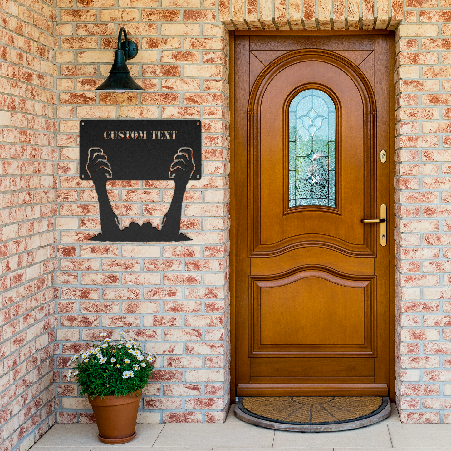 Custom_Text_Hand_Metal_Wall_Art_Black_Brick_Entrance_Mockup.png