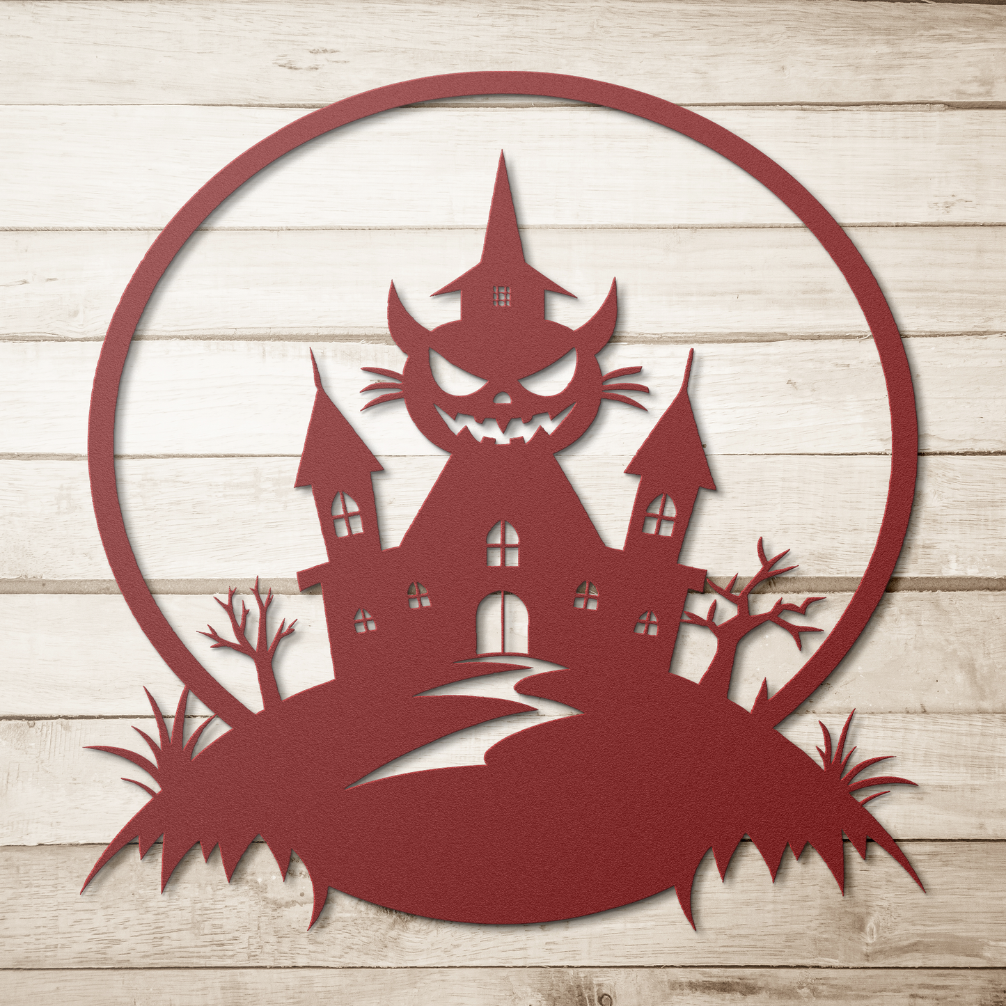 Halloween_House_Metal_Wall_art_Red_Simple_Wood_BKGD_Mockup.png