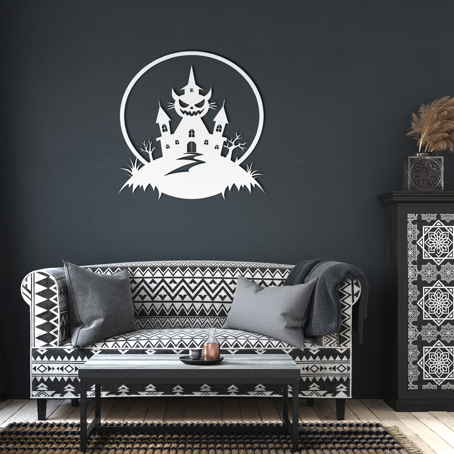 Halloween_House_Metal_Wall_art_White_Dark_Living_Room_Mockup.png