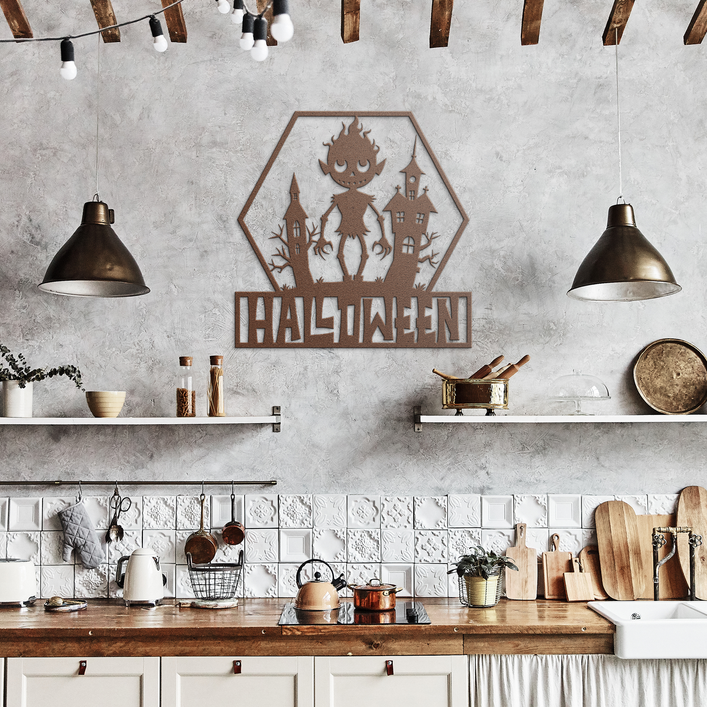 Halloween_house_Metal_Wall_art_Copper_Rustic_Kitchen_Mockup.png