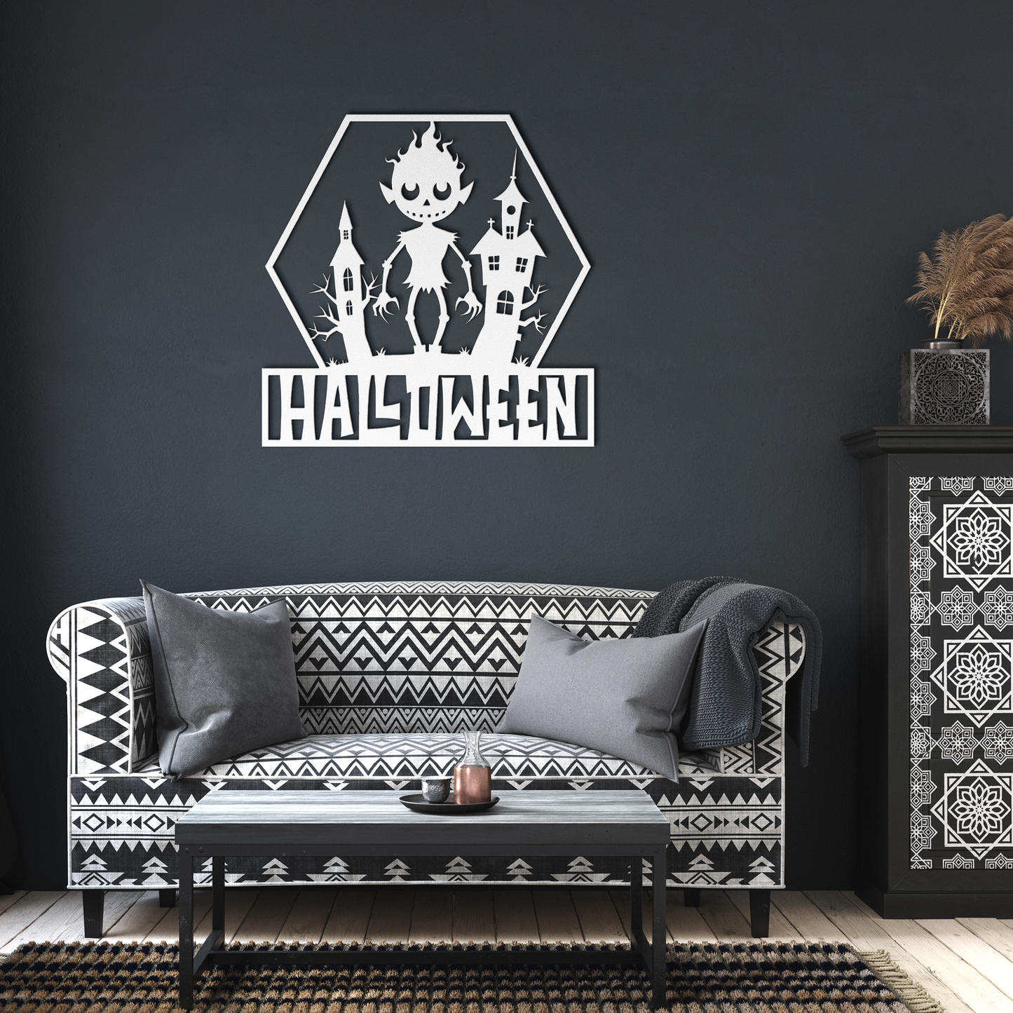 Halloween_house_Metal_Wall_art_White_Dark_Living_Room_Mockup.png