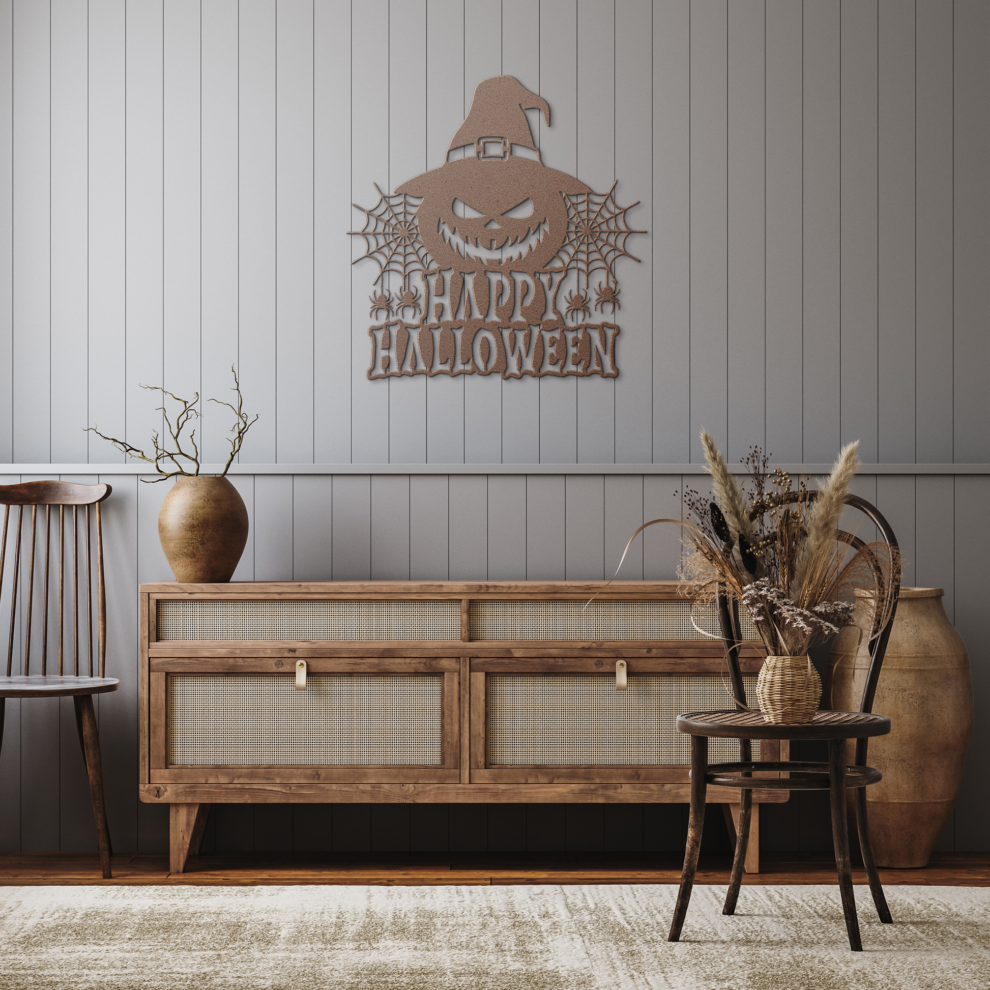 Happy_Halloween_Metal_Wall_Art_Copper_Rustic_Hallway_Mockup.png
