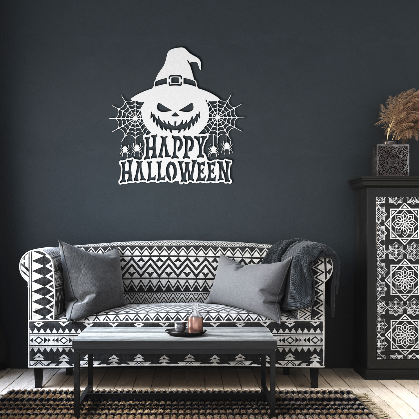 Happy_Halloween_Metal_Wall_Art_White_Dark_Living_Room_Mockup.png