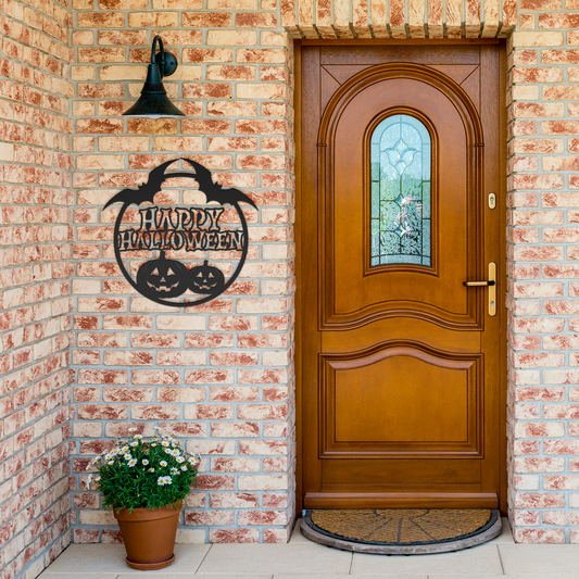 Happy_Halloween_Round_Metal_Wall_art_Black_Brick_Entrance_Mockup.png