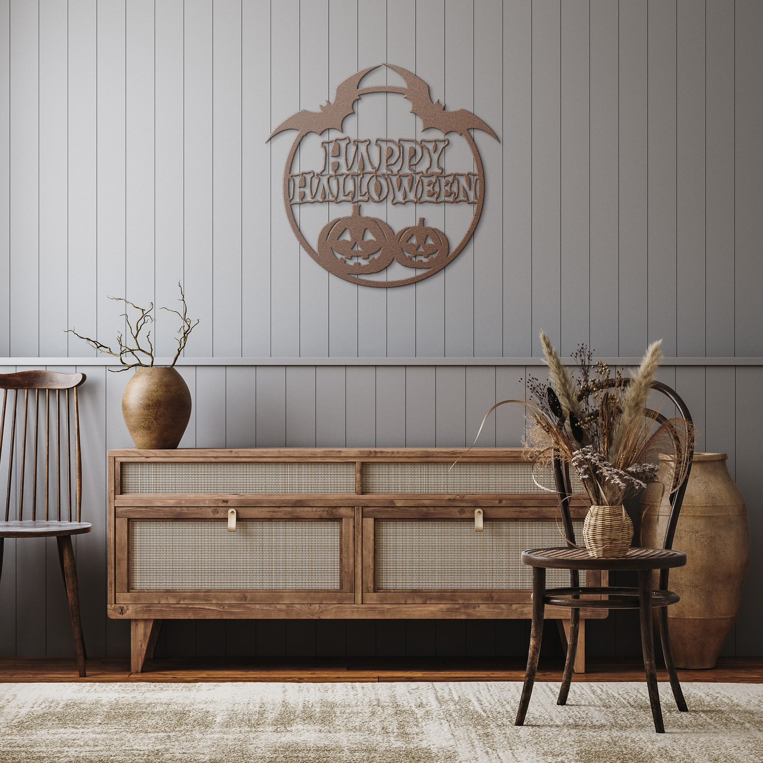 Happy_Halloween_Round_Metal_Wall_art_Copper_Rustic_Hallway_Mockup.png