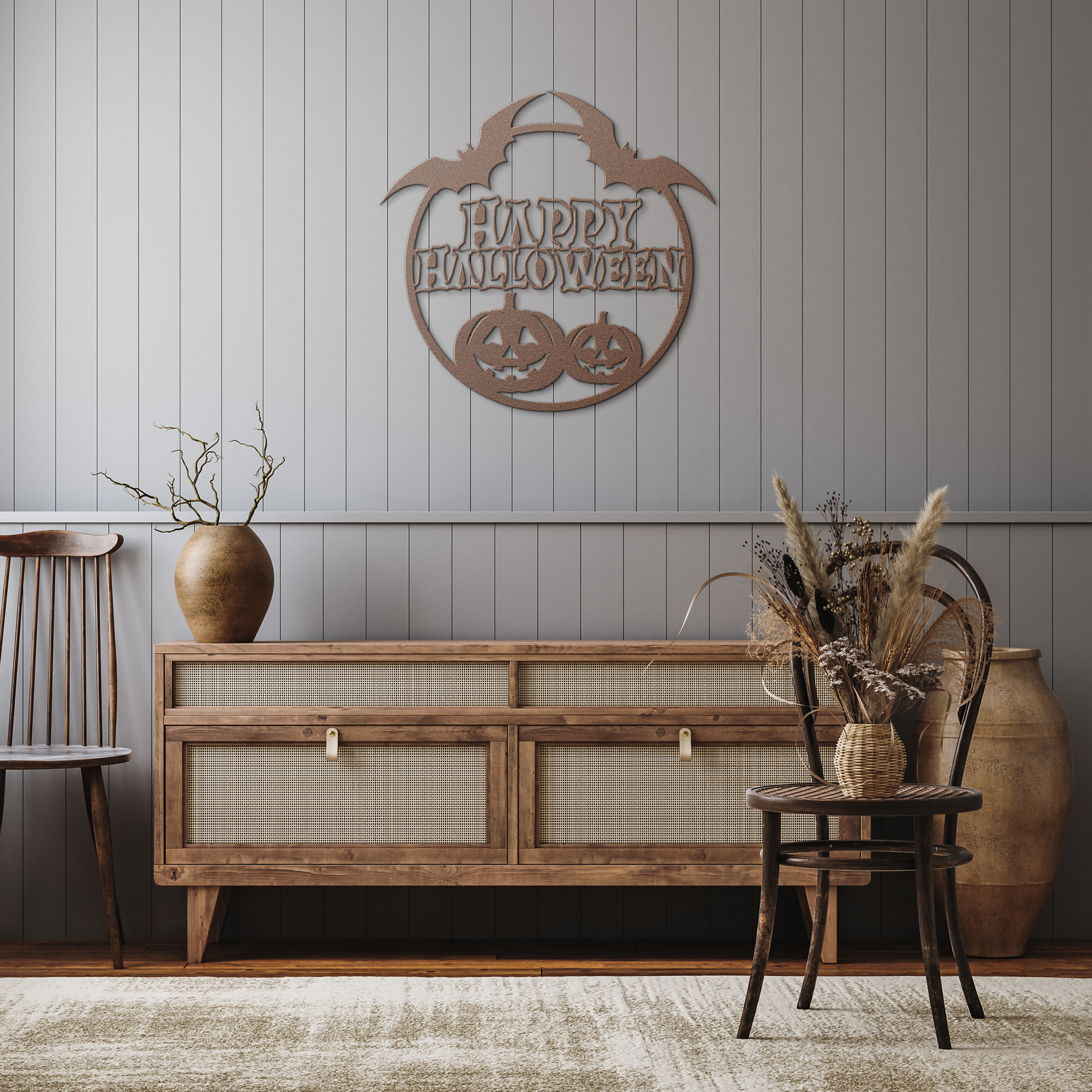 Happy_Halloween_Round_Metal_Wall_art_Copper_Rustic_Hallway_Mockup.png