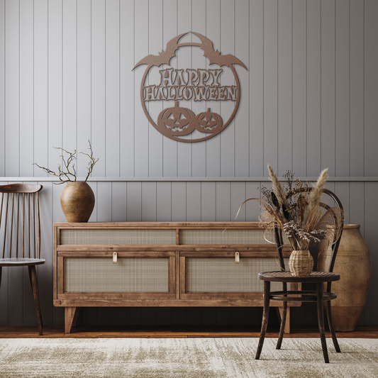Happy_Halloween_Round_Metal_Wall_art_Copper_Rustic_Hallway_Mockup.png