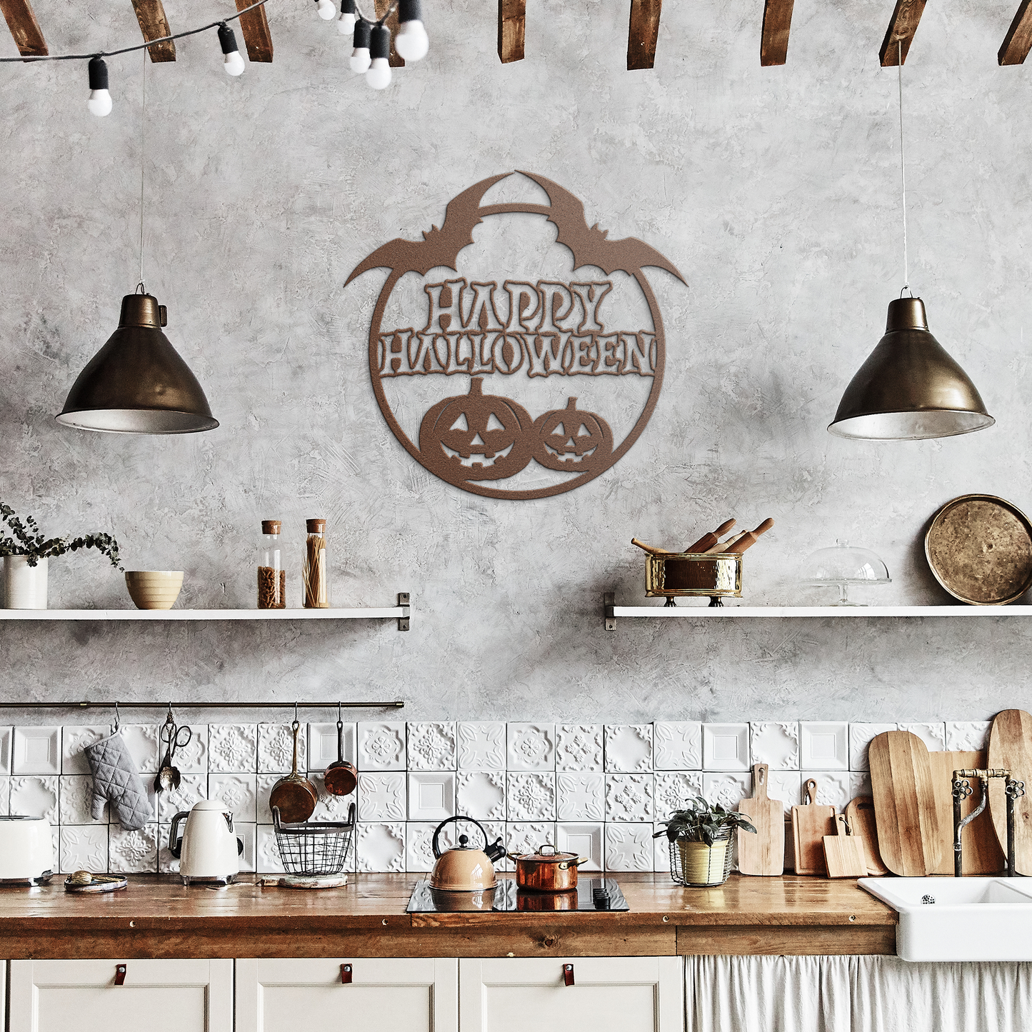 Happy_Halloween_Round_Metal_Wall_art_Copper_Rustic_Kitchen_Mockup.png