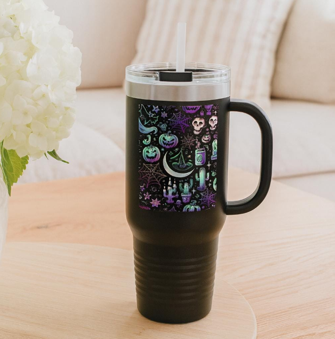 Halloween Mug, 40oz Halloween Spooky Engraved Tumbler | Ghost Ghouls Bats Tumbler | Engraved Bat Skeleton Tumbler | Ghost Ghouls Tumbler