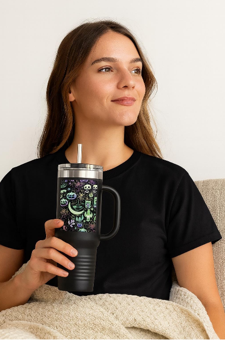 Halloween Mug, 40oz Halloween Spooky Engraved Tumbler | Ghost Ghouls Bats Tumbler | Engraved Bat Skeleton Tumbler | Ghost Ghouls Tumbler